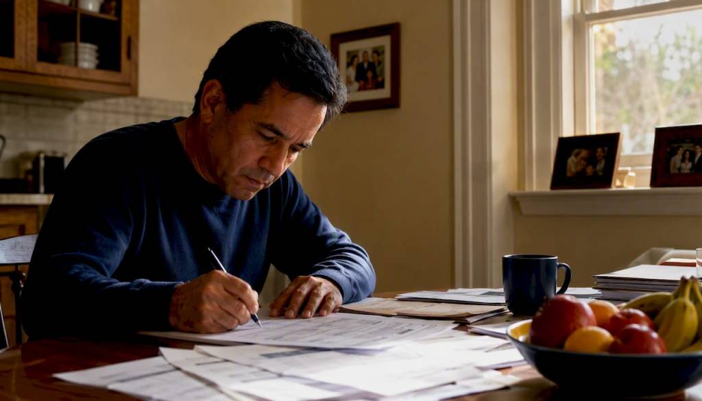 Man filling bankruptcy forms at home desk