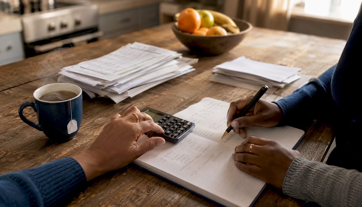 Hands calculating bills at apartment table