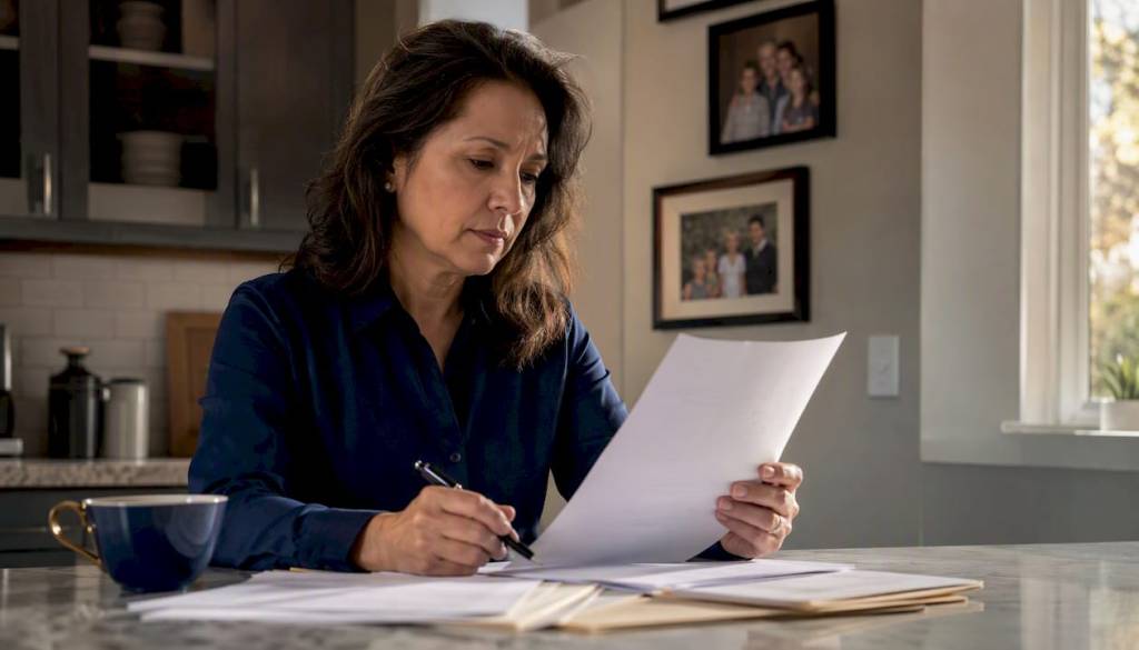 Woman reviewing divorce agreement at home office
