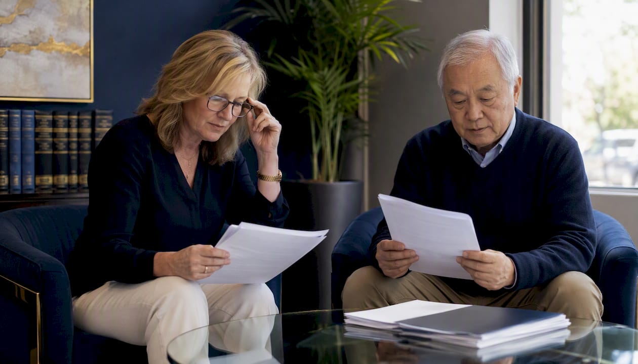 Couple reviewing legal papers in courthouse waiting room