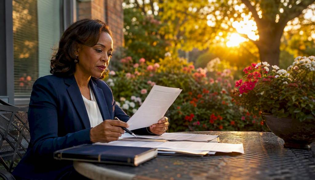 Woman reading protective order document in library