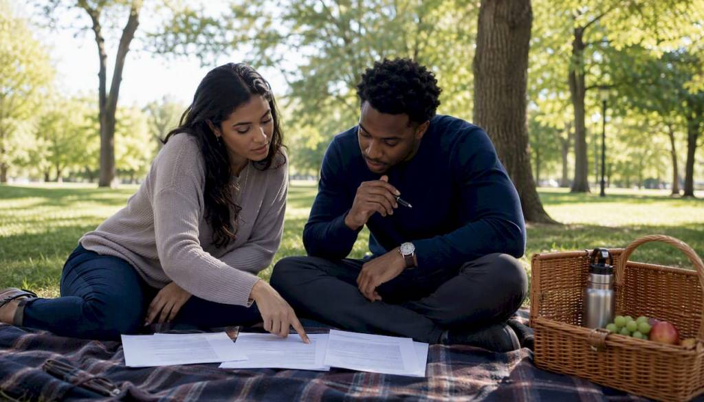 Couple reviewing prenuptial agreement at home