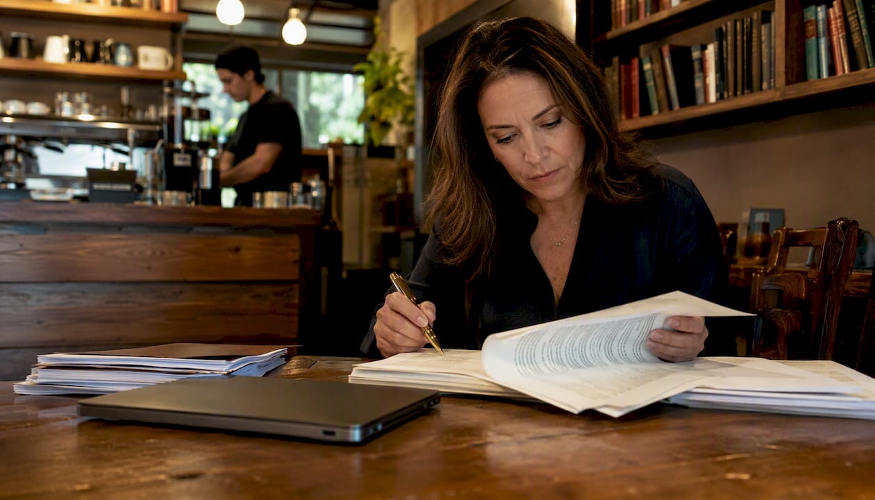 Business owner reviewing prenup in law office