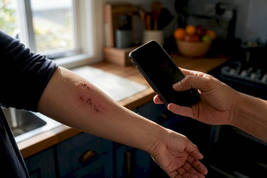 Photographing fresh dog bite injury on arm