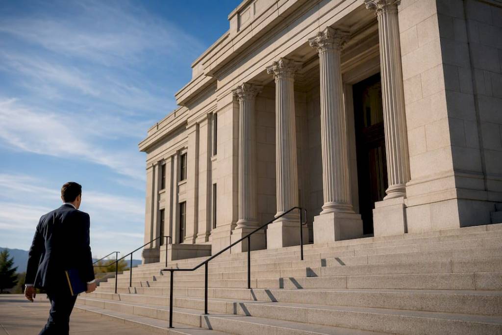 Utah district courthouse entrance in morning light