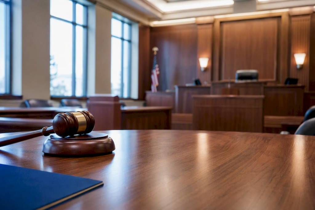 Empty courtroom prepared for theft hearing