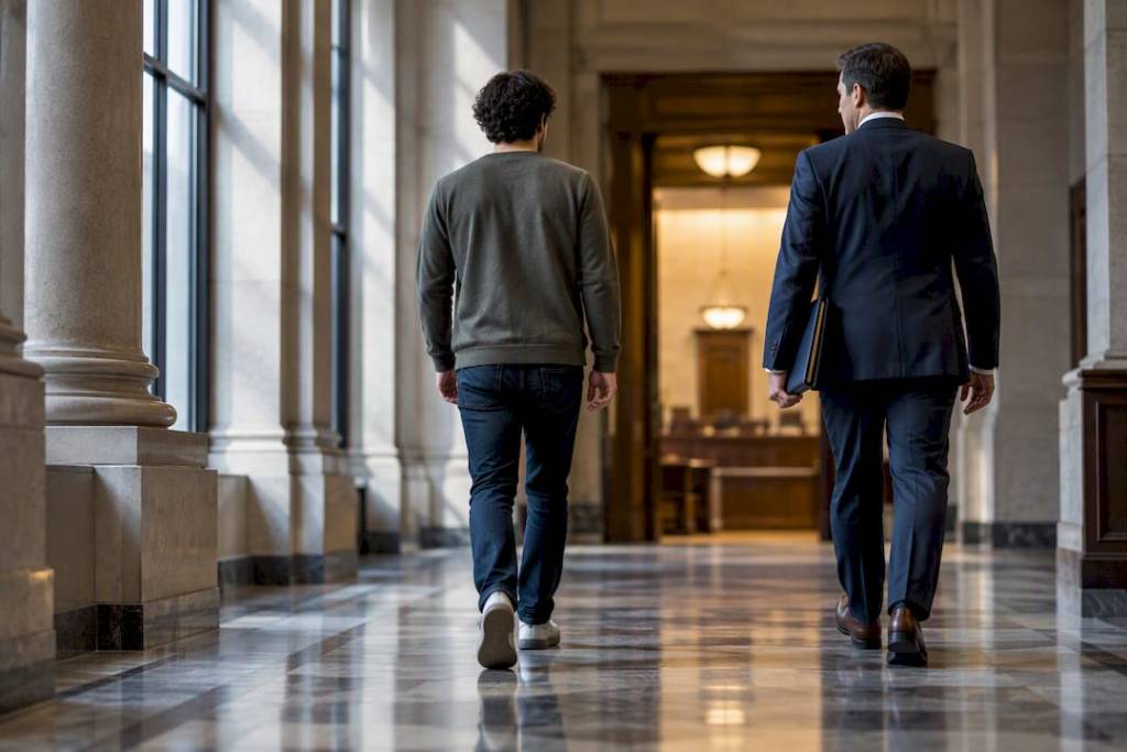 Defense attorney and defendant entering courthouse
