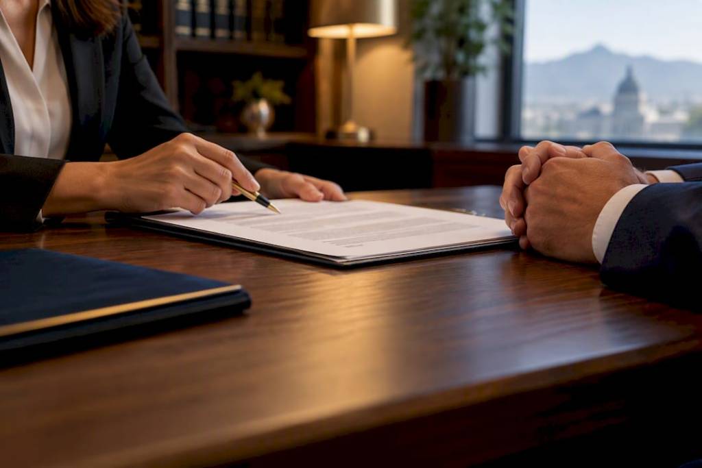 Attorney and employee reviewing confidentiality agreement