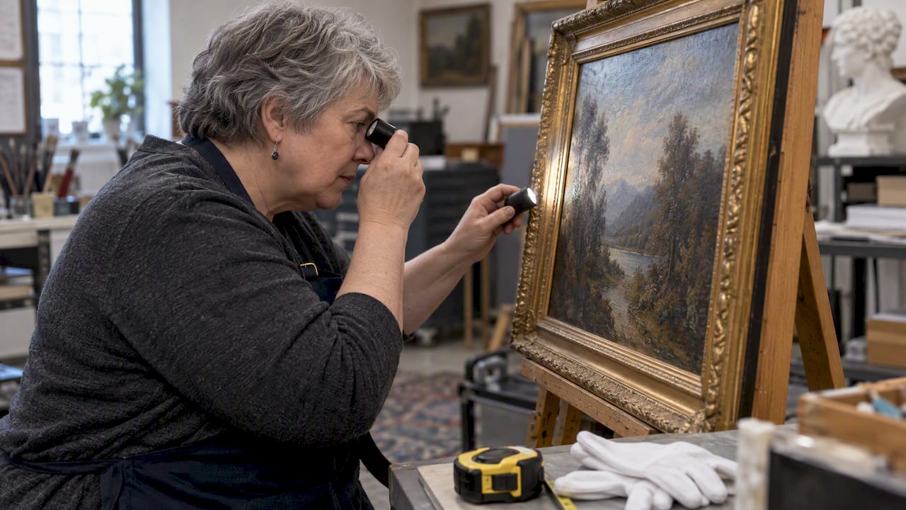 Appraiser inspecting artwork condition